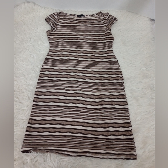 Sharagano Cream and Brown Midi Sheath Dress with Cap Sleeves - Picture 1 of 11